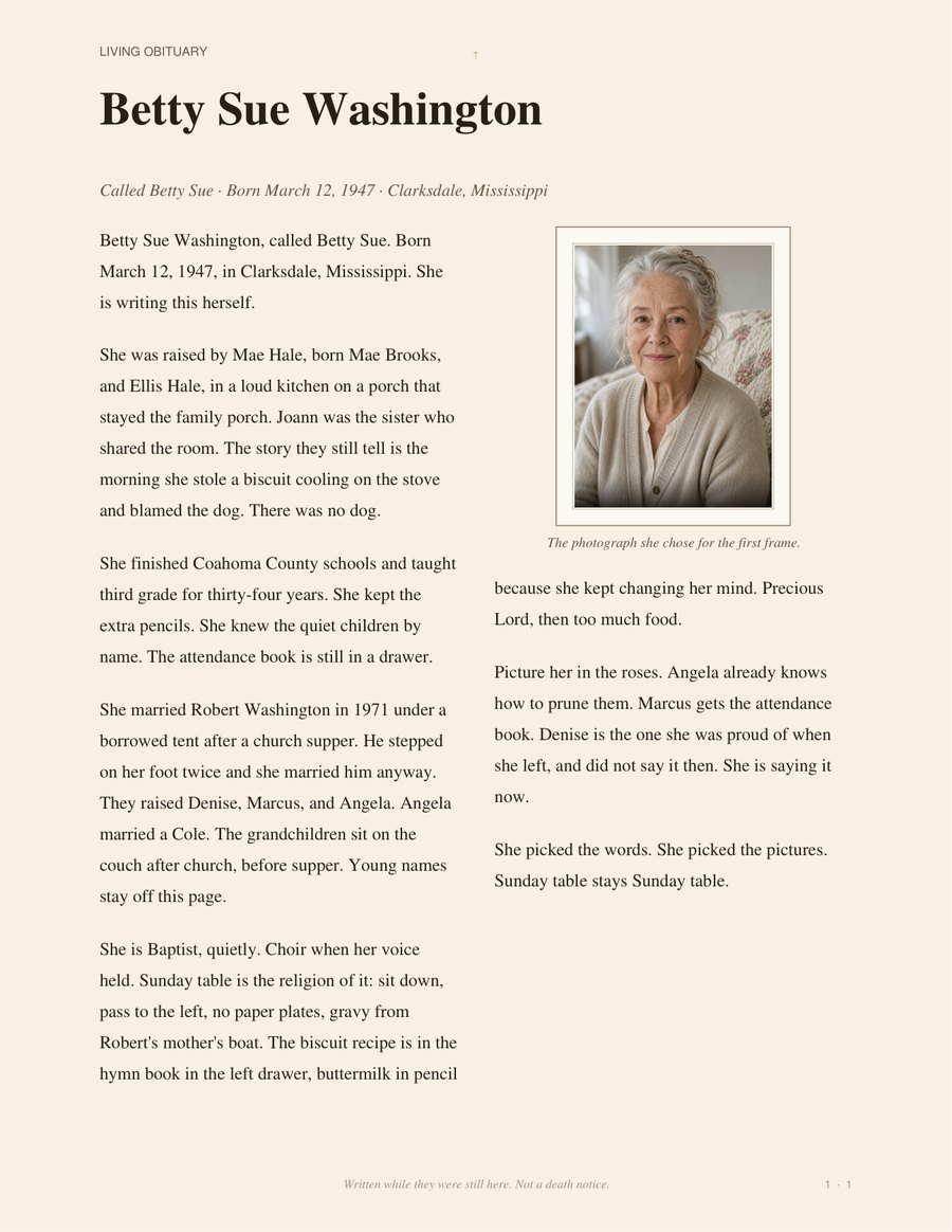 Betty Sue’s printed living obituary