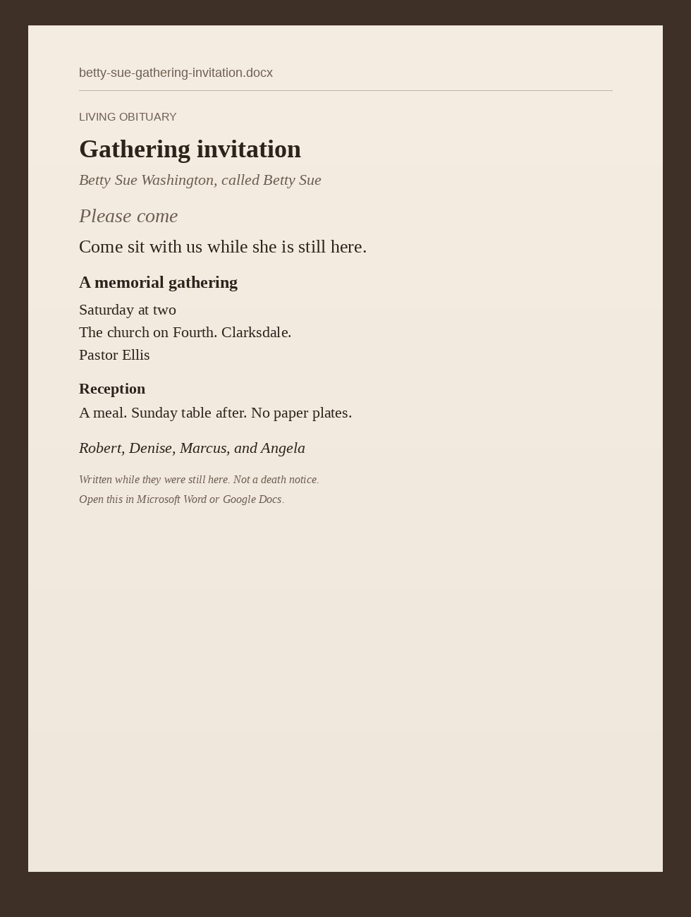 Betty Sue’s gathering invitation as a Word document