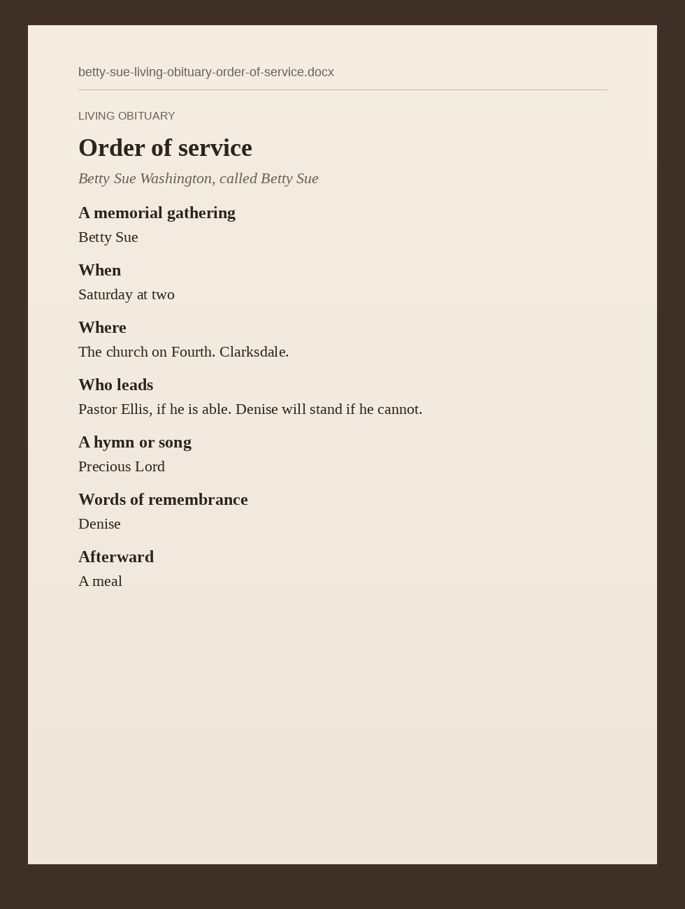 Betty Sue’s order of the day as a Word document