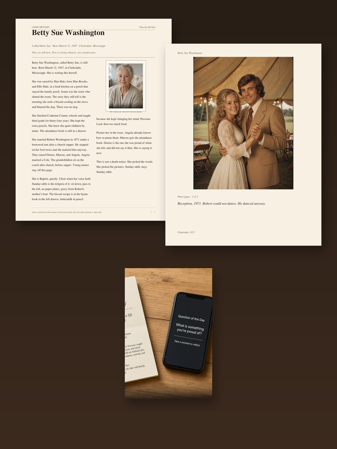 The printed living obituary beside the collage on a phone